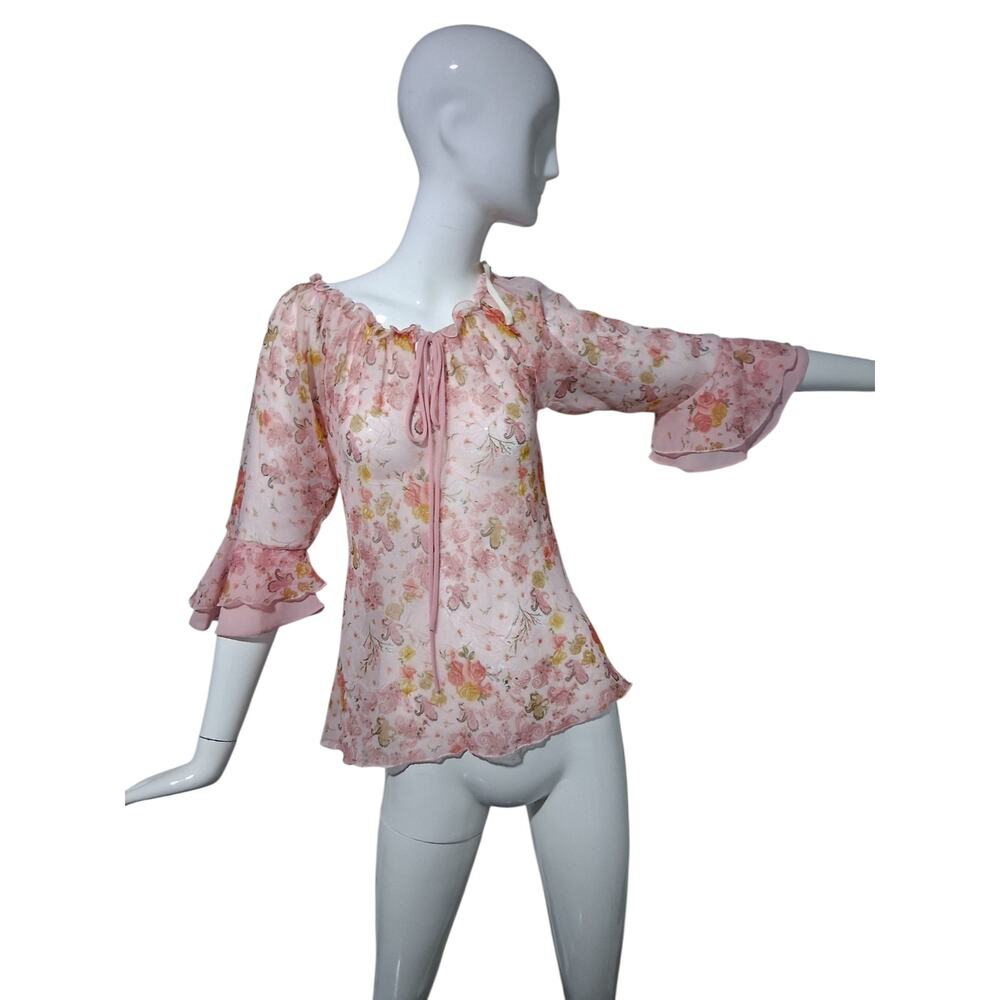 Y2K Vintage Rare RORY Sheer Ruffle Bell Sleeve Whimsical Fairycore Flowy Top